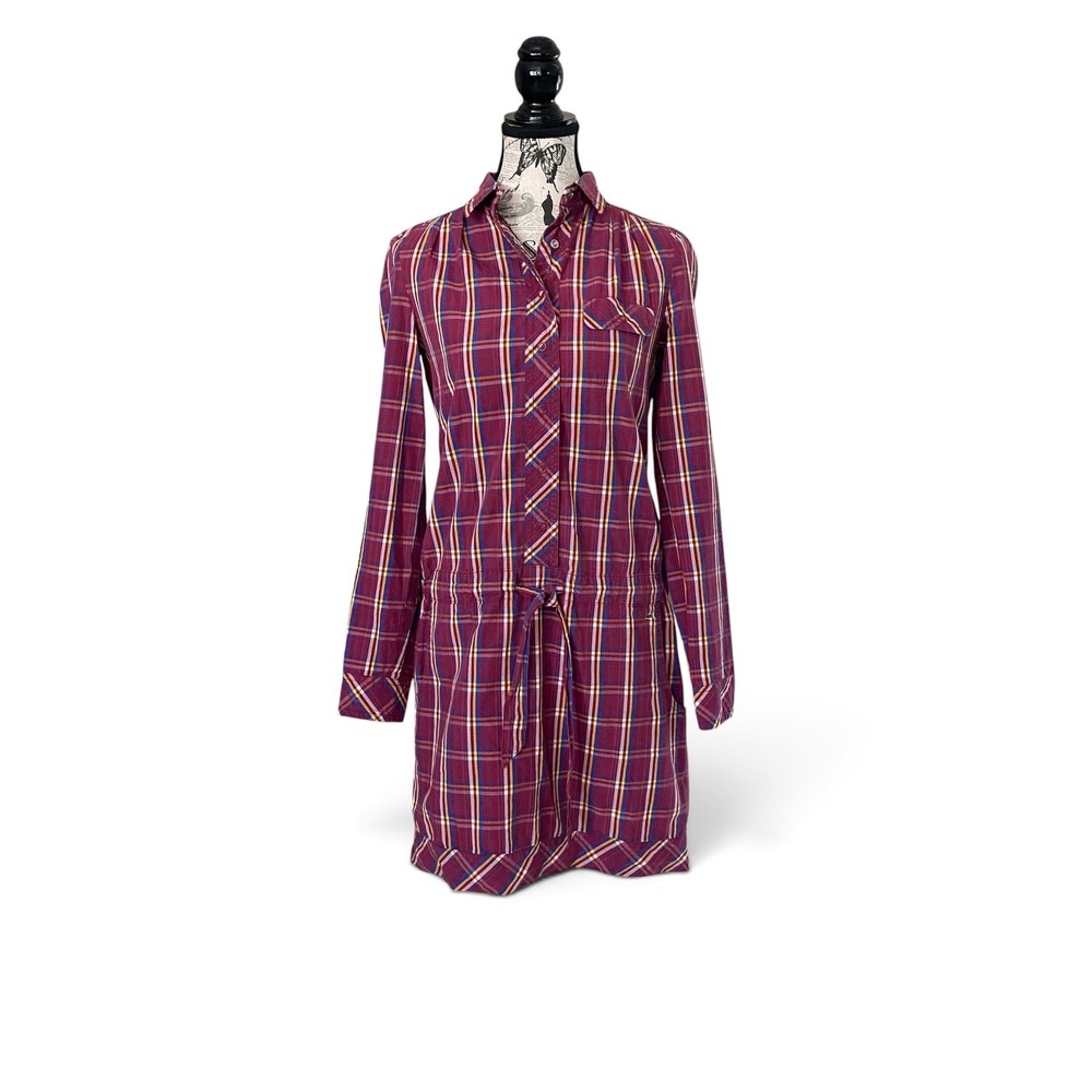 Lacoste Shirt Dress Women S Burgundy Plaid Drawstring Waist Long Sleeve Preppy
